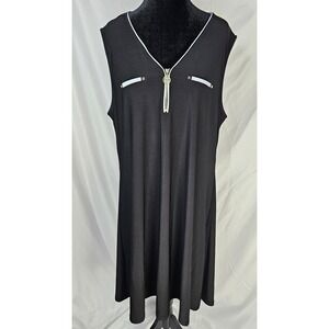 Women's Anne Klein Black‎ Sleeveless V Neck Dress Gold Zipper Detail Size 16